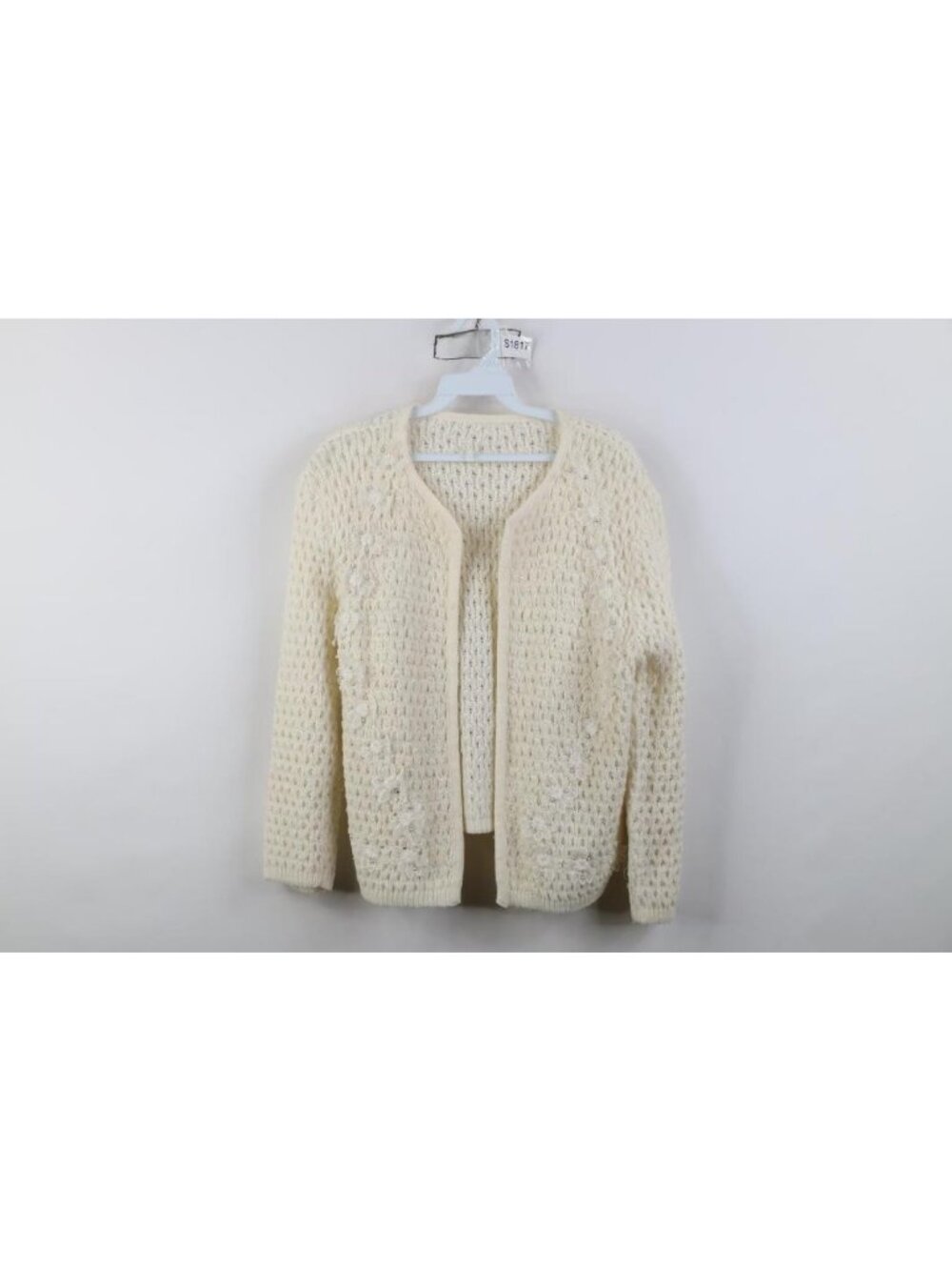 Vintage 50s 60s Womens Medium Crochet Lace Flower Open Front Cardigan Sweater